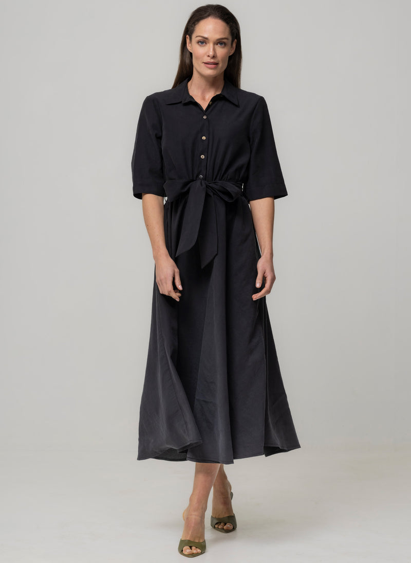 LE MARAIS BLACK EVERYDAY MIDI SHIRT DRESS IN MODAL FABRIC