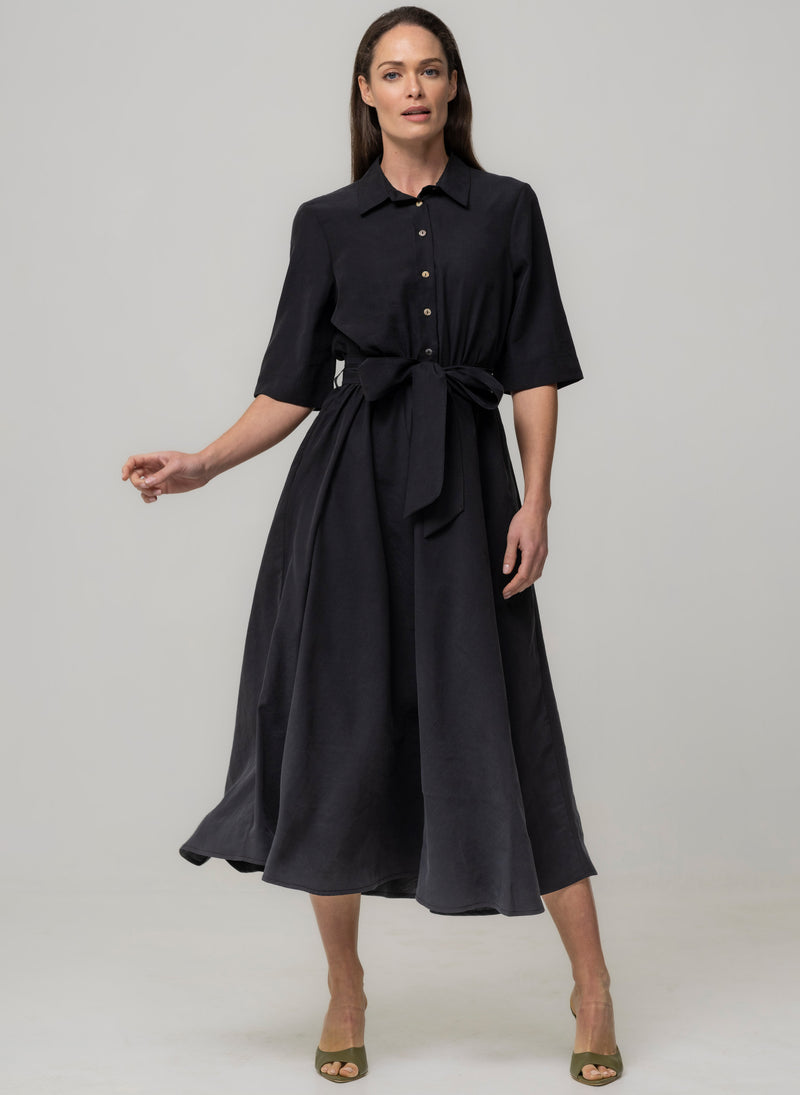 LE MARAIS BLACK EVERYDAY MIDI SHIRT DRESS IN MODAL FABRIC