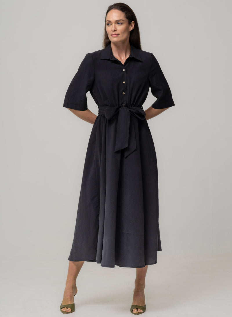 LE MARAIS BLACK EVERYDAY MIDI SHIRT DRESS IN MODAL FABRIC