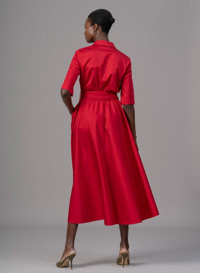 Le Marais Red Cotton Everyday Midi Shirt Dress