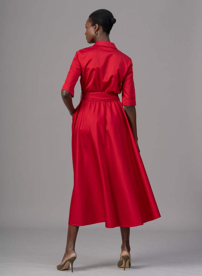 Le Marais Red Cotton Everyday Midi Shirt Dress