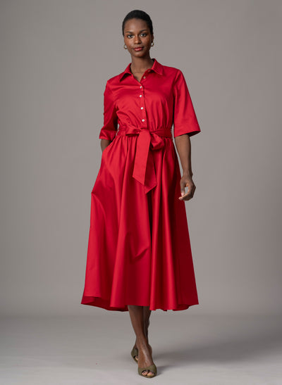 Le Marais Red Cotton Everyday Midi Shirt Dress