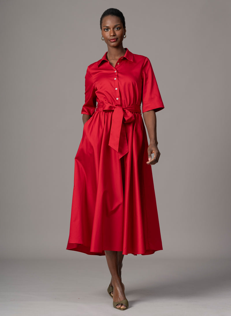 Le Marais Red Cotton Everyday Midi Shirt Dress