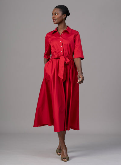 Le Marais Red Cotton Everyday Midi Shirt Dress