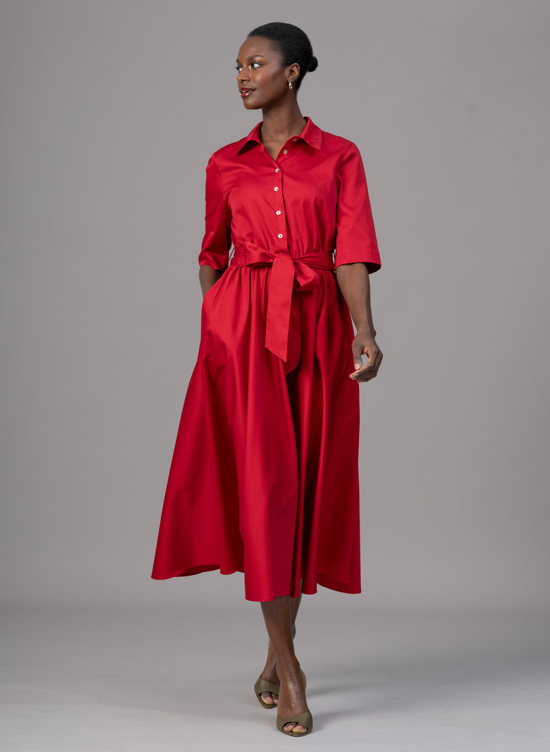 Le Marais Red Cotton Everyday Midi Shirt Dress
