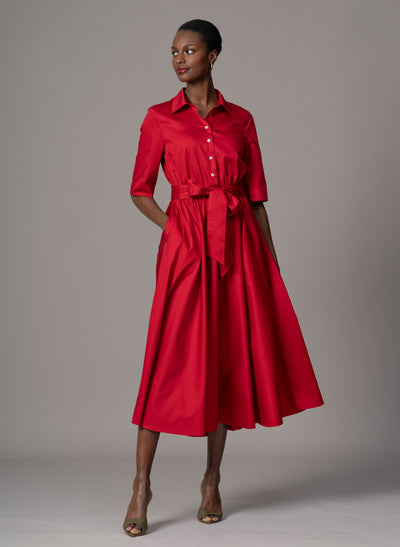 Le Marais Red Cotton Everyday Midi Shirt Dress