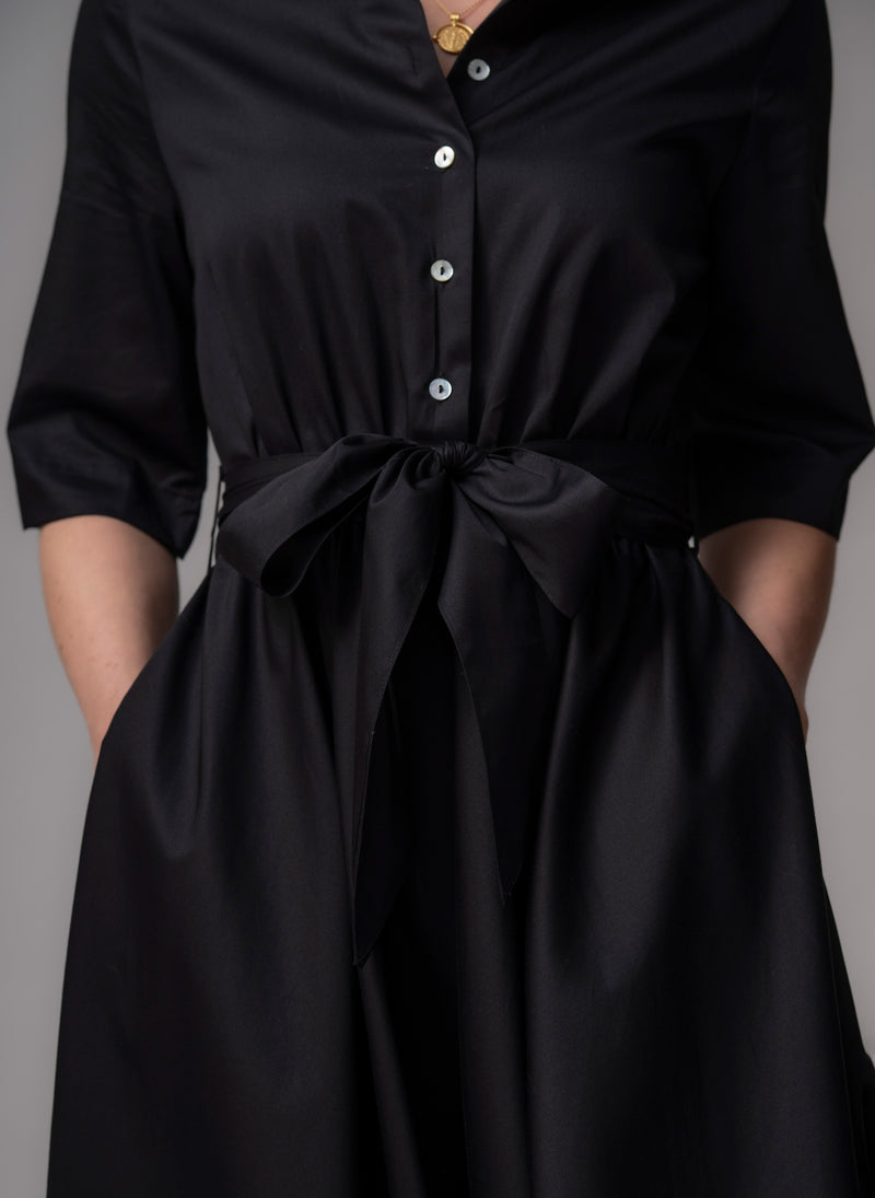 Le Marais Black Cotton Everyday Midi Shirt Dress