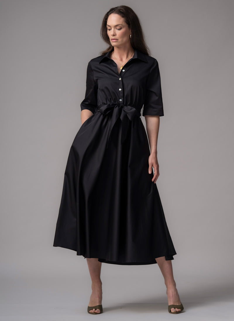 Le Marais Black Cotton Everyday Midi Shirt Dress