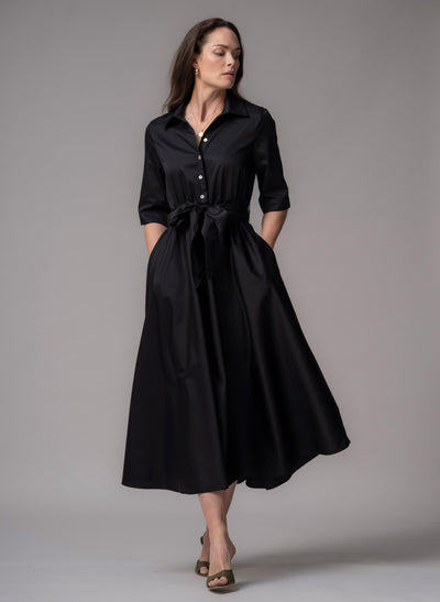Le Marais Black Cotton Everyday Midi Shirt Dress