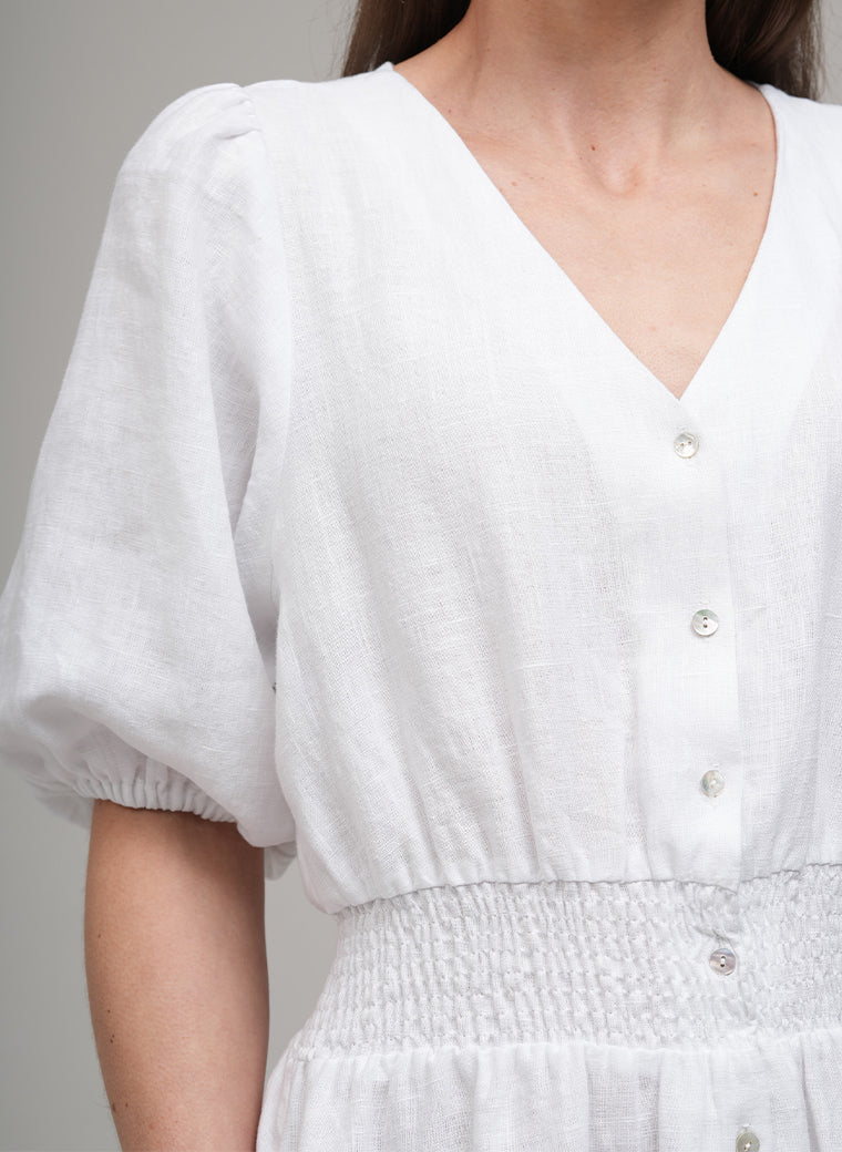 LEEANNA SHIRRED ELASTIC WAIST LINEN MIDI SHIRT DRESS IN WHITE