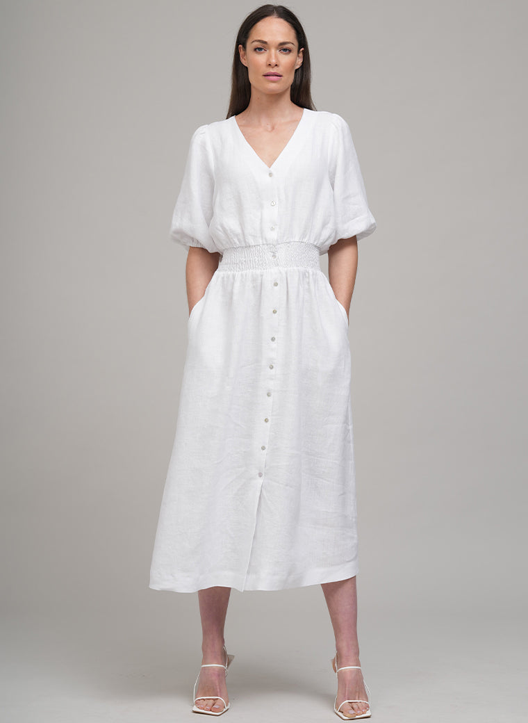 LEEANNA SHIRRED ELASTIC WAIST LINEN MIDI SHIRT DRESS IN WHITE