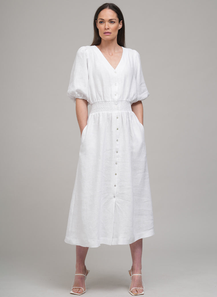 LEEANNA SHIRRED ELASTIC WAIST LINEN MIDI SHIRT DRESS IN WHITE