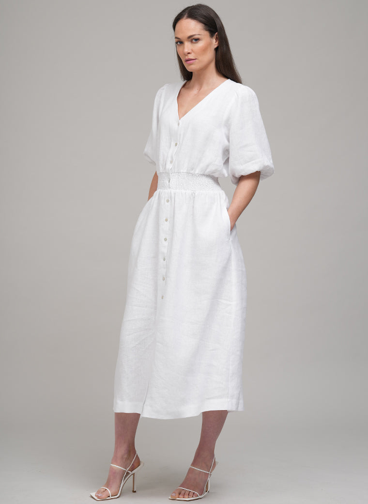 LEEANNA SHIRRED ELASTIC WAIST LINEN MIDI SHIRT DRESS IN WHITE