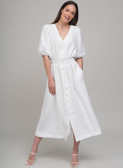LEEANNA SHIRRED ELASTIC WAIST LINEN MIDI SHIRT DRESS IN WHITE