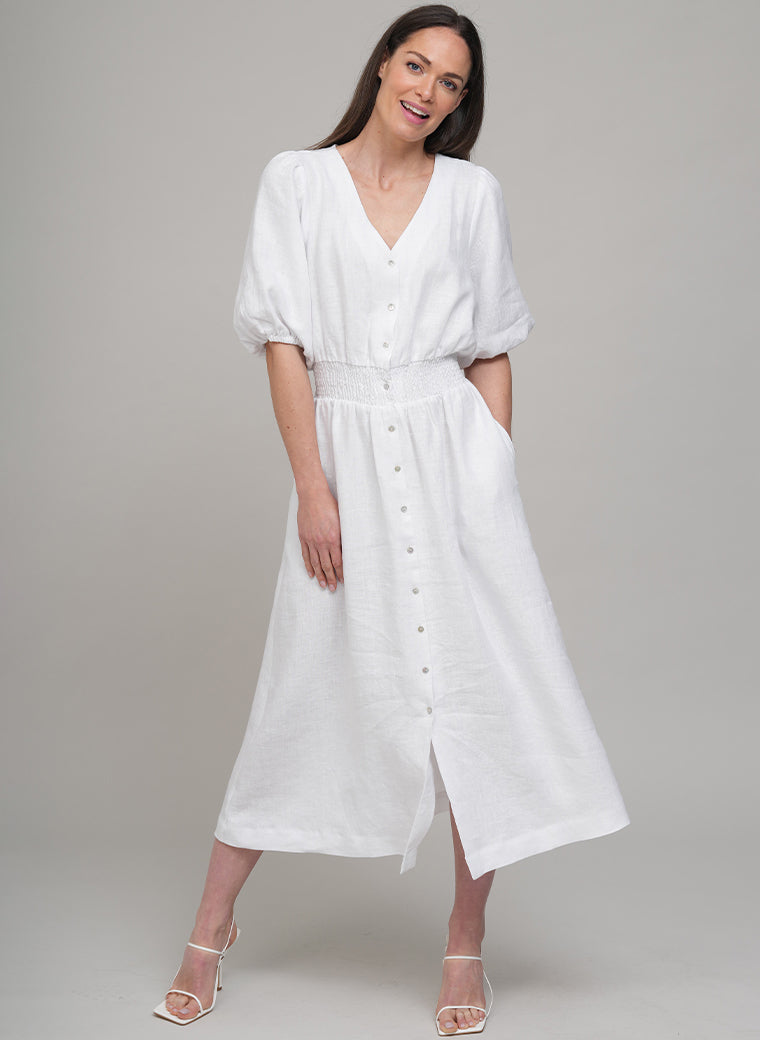 LEEANNA SHIRRED ELASTIC WAIST LINEN MIDI SHIRT DRESS IN WHITE