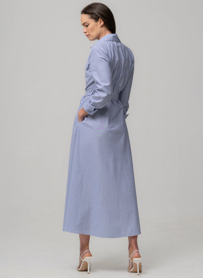 LIMOGES BLUE & WHITE STRIPE UTILITY POCKET MIDAXI EVERYDAY SHIRT DRESS
