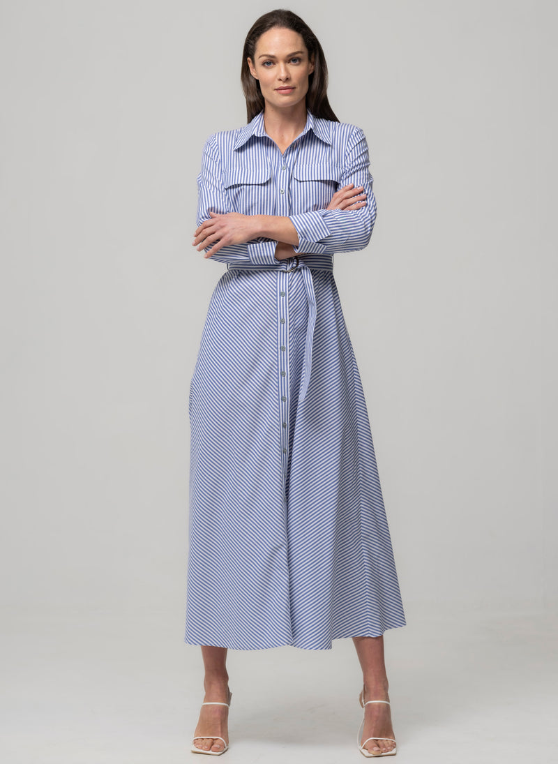 LIMOGES BLUE & WHITE STRIPE UTILITY POCKET MIDAXI EVERYDAY SHIRT DRESS