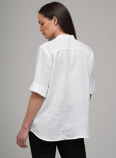LISBON EASY FIT CRISP WHITE LINEN POP-OVER SHIRT WITH LACE TRIM
