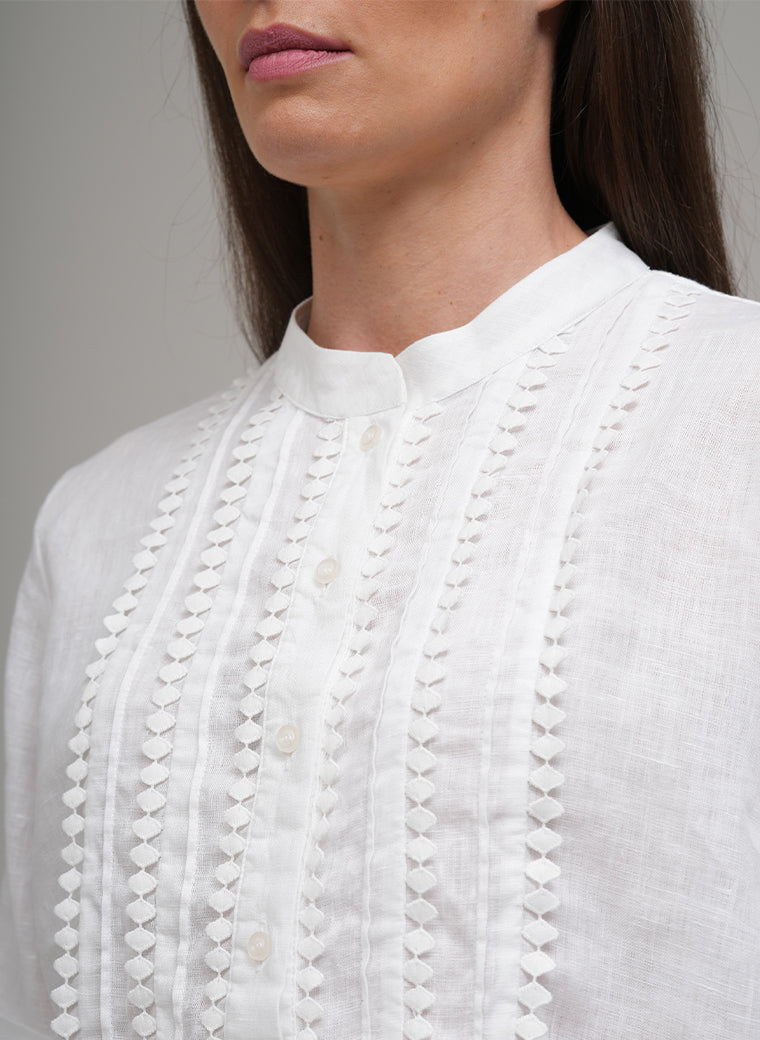 LISBON EASY FIT CRISP WHITE LINEN POP-OVER SHIRT WITH LACE TRIM