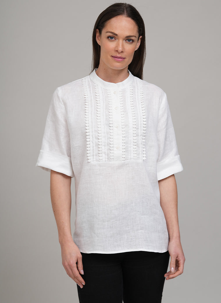 LISBON EASY FIT CRISP WHITE LINEN POP-OVER SHIRT WITH LACE TRIM