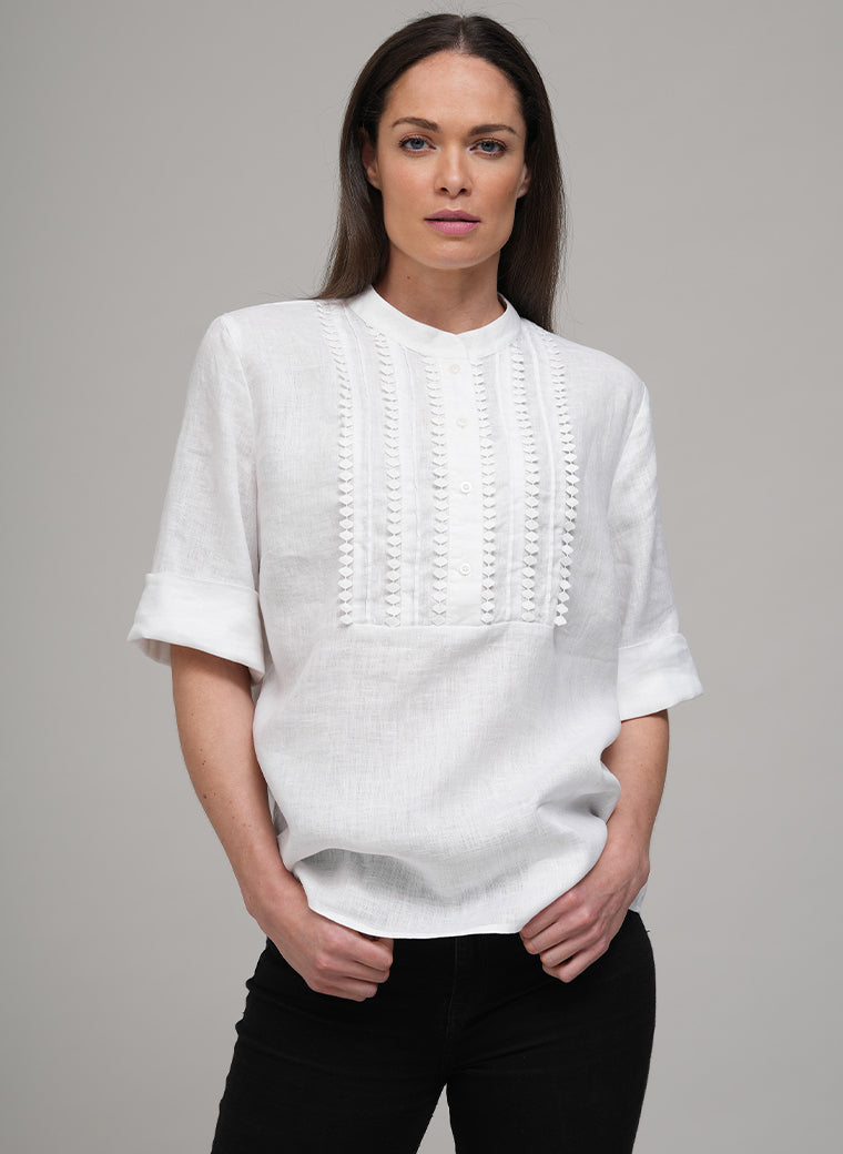 LISBON EASY FIT CRISP WHITE LINEN POP-OVER SHIRT WITH LACE TRIM