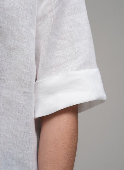 LISBON EASY FIT CRISP WHITE LINEN POP-OVER SHIRT WITH LACE TRIM