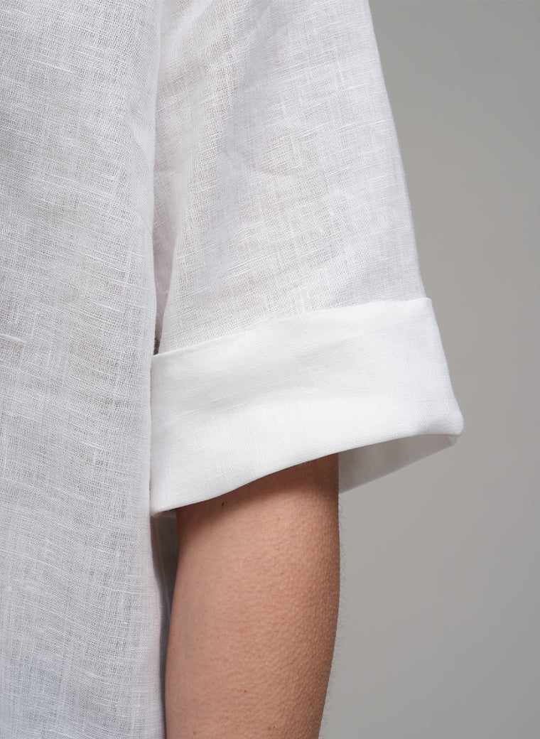 LISBON EASY FIT CRISP WHITE LINEN POP-OVER SHIRT WITH LACE TRIM