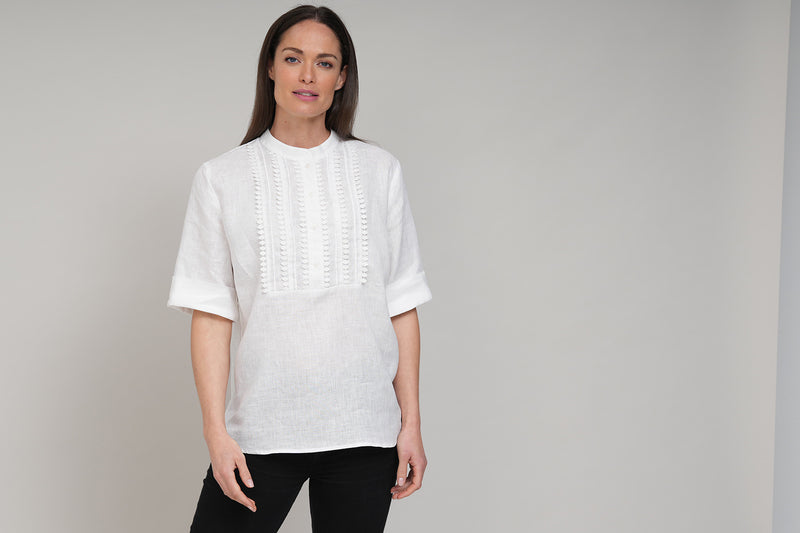 LISBON EASY FIT CRISP WHITE LINEN POP-OVER SHIRT WITH LACE TRIM