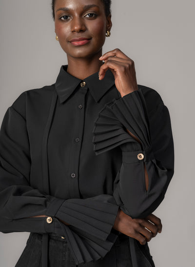 Lottie Black Easy Fit Blouse with Pleated Exaggerated Cuffs