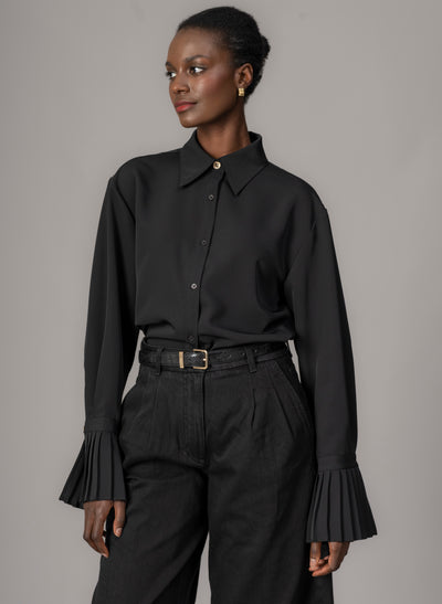 Lottie Black Easy Fit Blouse with Pleated Exaggerated Cuffs