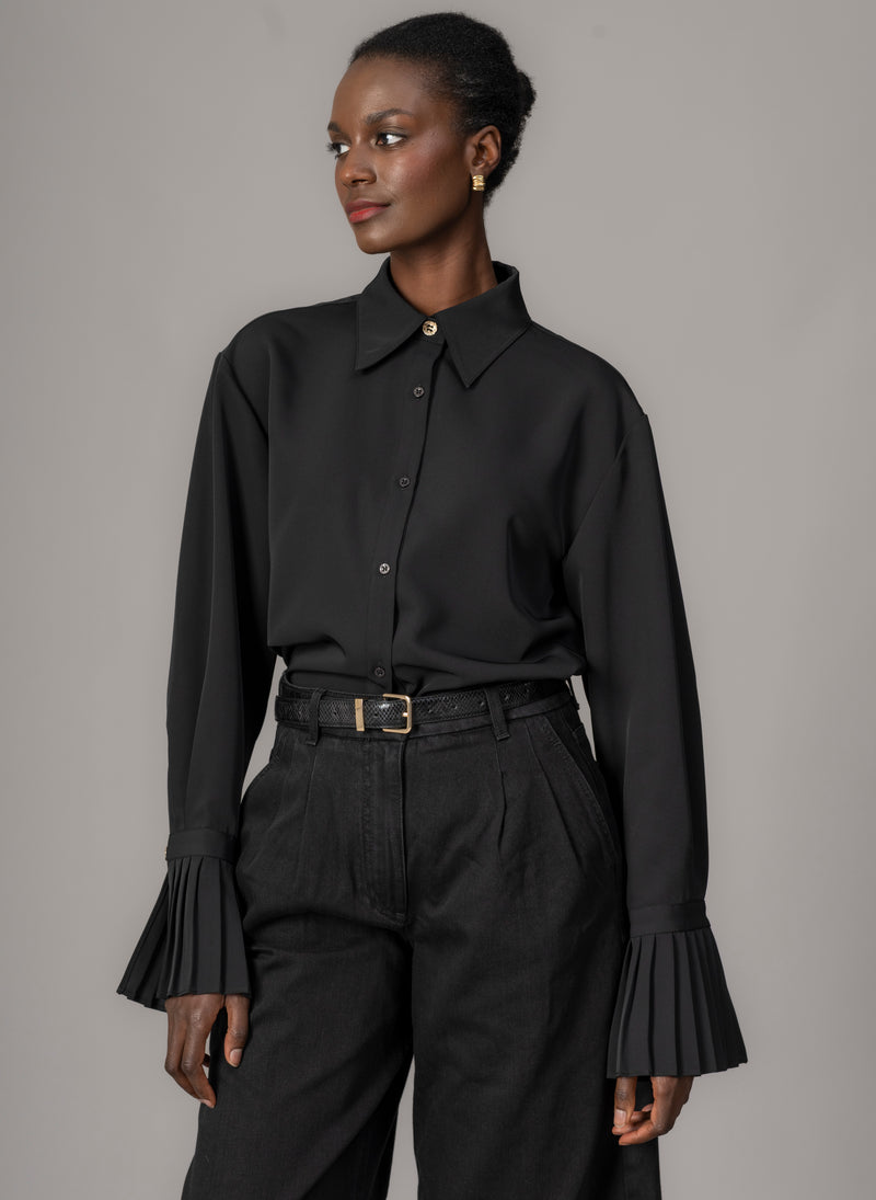 Lottie Black Easy Fit Blouse with Pleated Exaggerated Cuffs