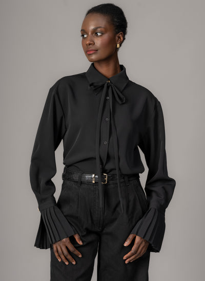 Lottie Black Easy Fit Blouse with Pleated Exaggerated Cuffs