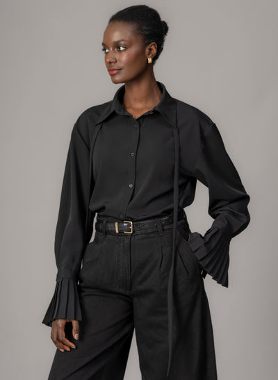Lottie Black Easy Fit Blouse with Pleated Exaggerated Cuffs