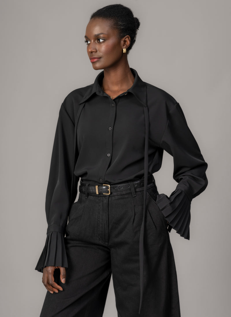 Lottie Black Easy Fit Blouse with Pleated Exaggerated Cuffs