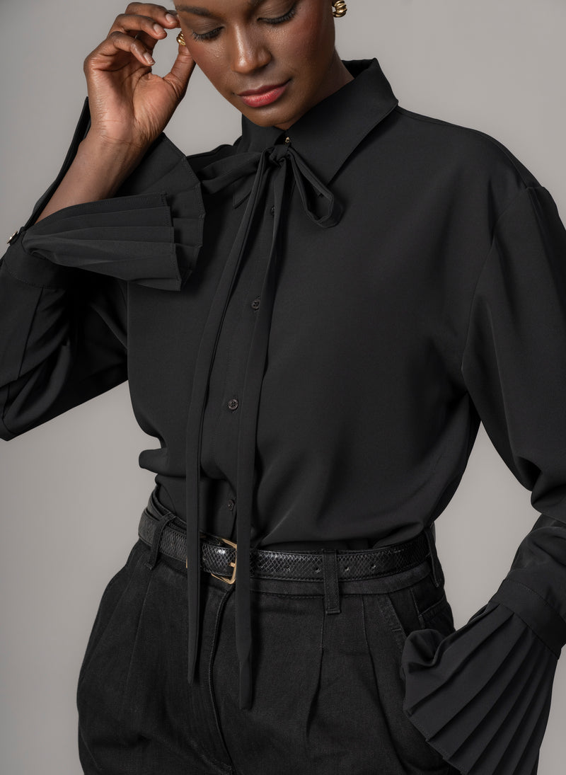 Lottie Black Easy Fit Blouse with Pleated Exaggerated Cuffs
