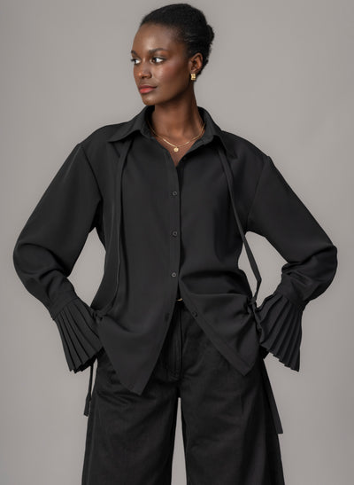 Lottie Black Easy Fit Blouse with Pleated Exaggerated Cuffs