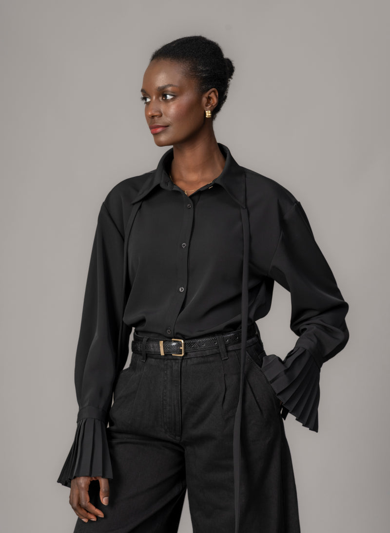 Lottie Black Easy Fit Blouse with Pleated Exaggerated Cuffs