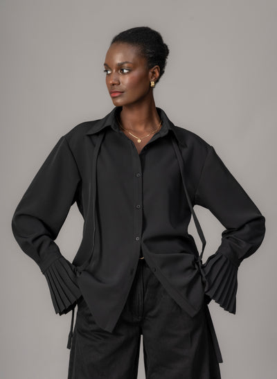 Lottie Black Easy Fit Blouse with Pleated Exaggerated Cuffs