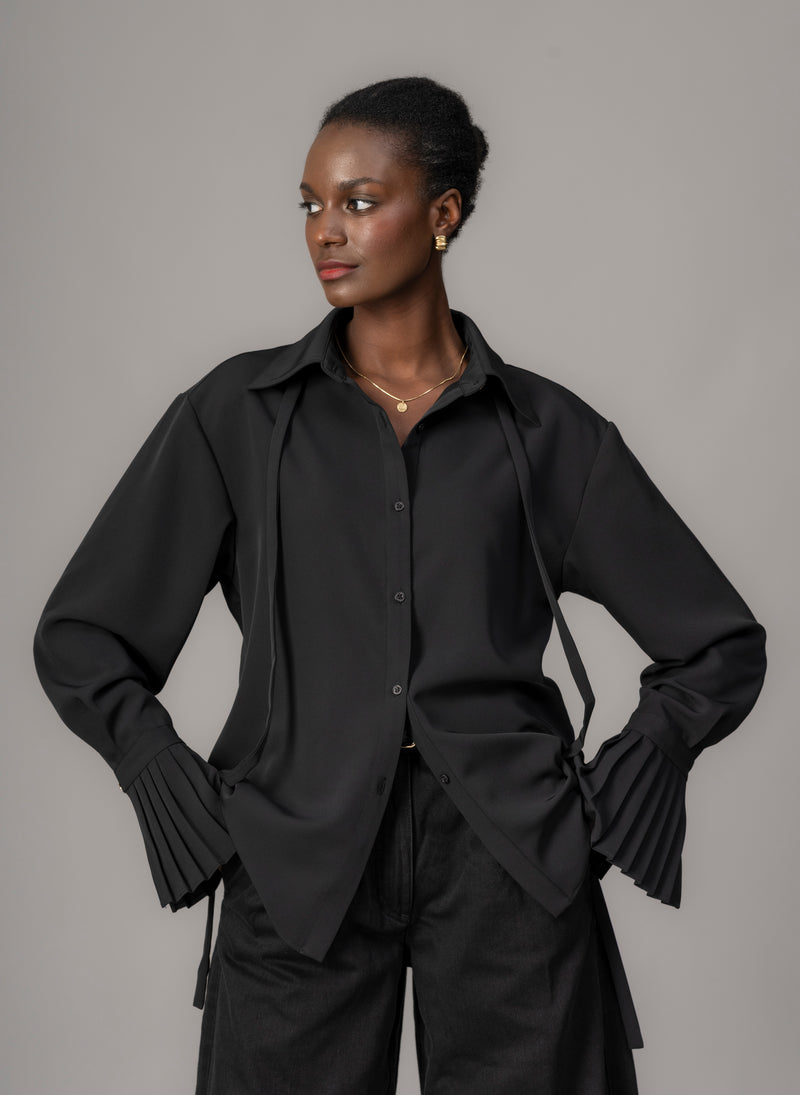 Lottie Black Easy Fit Blouse with Pleated Exaggerated Cuffs