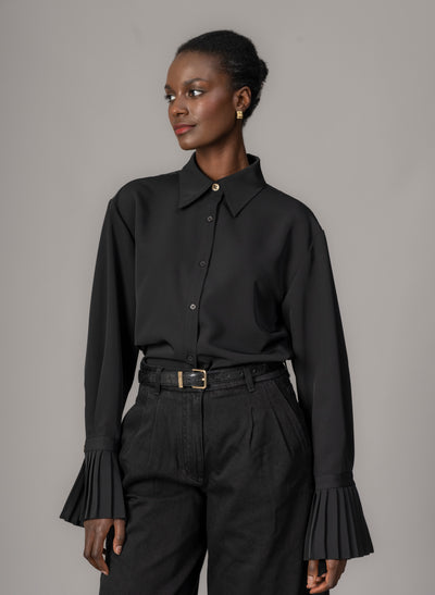Lottie Black Easy Fit Blouse with Pleated Exaggerated Cuffs