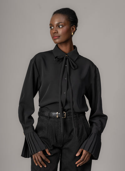 Lottie Black Easy Fit Blouse with Pleated Exaggerated Cuffs