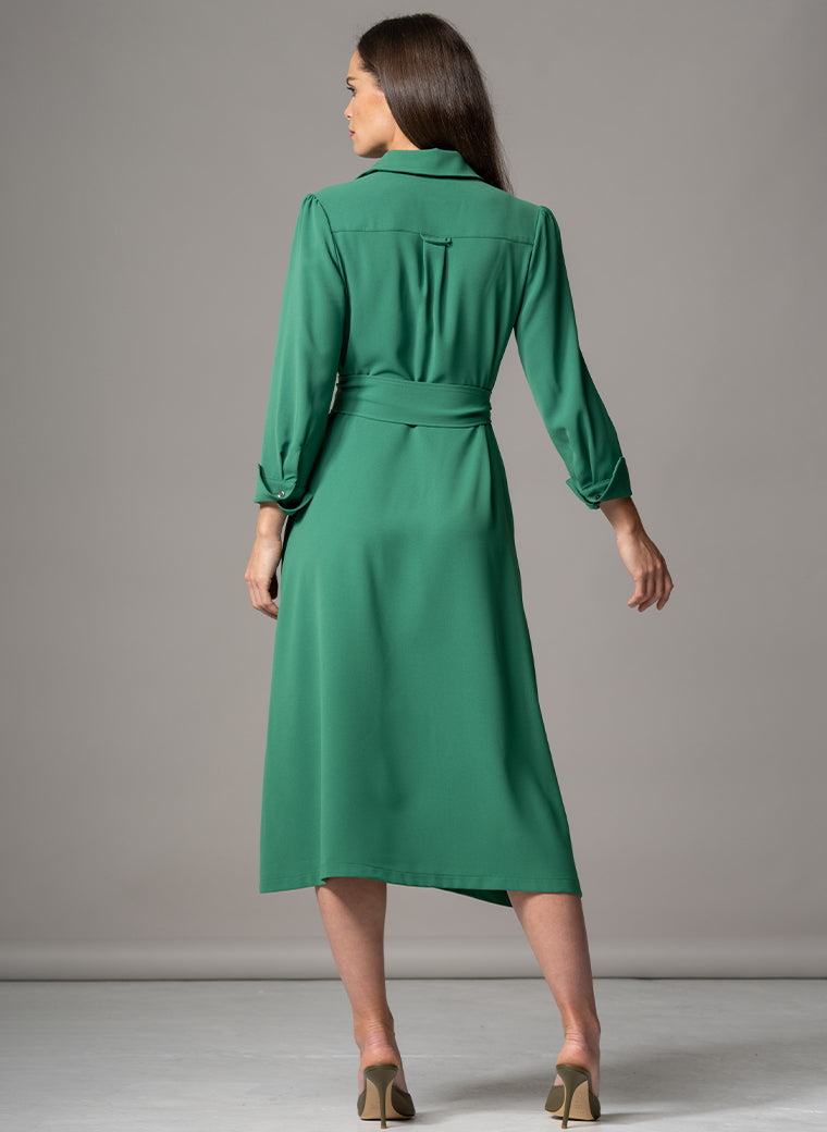 LUCIANA EMERALD CROSS FRONT FIT & FLARE CREPE CLASSIC MIDI SHIRT DRESS