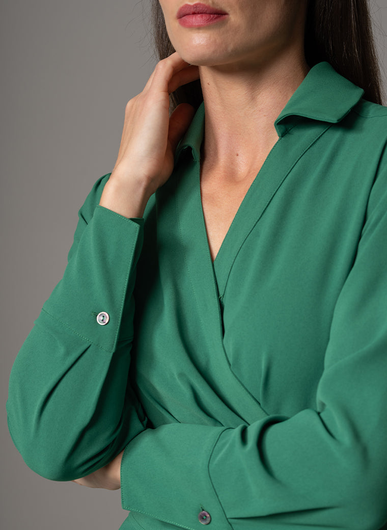 LUCIANA EMERALD CROSS FRONT FIT & FLARE CREPE CLASSIC MIDI SHIRT DRESS