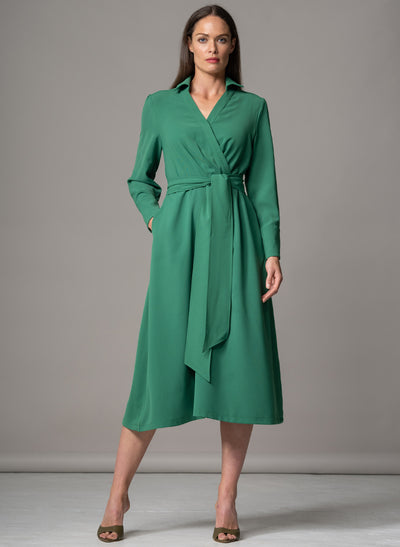 LUCIANA EMERALD CROSS FRONT FIT & FLARE CREPE CLASSIC MIDI SHIRT DRESS