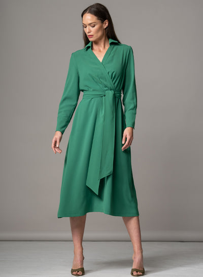 LUCIANA EMERALD CROSS FRONT FIT & FLARE CREPE CLASSIC MIDI SHIRT DRESS