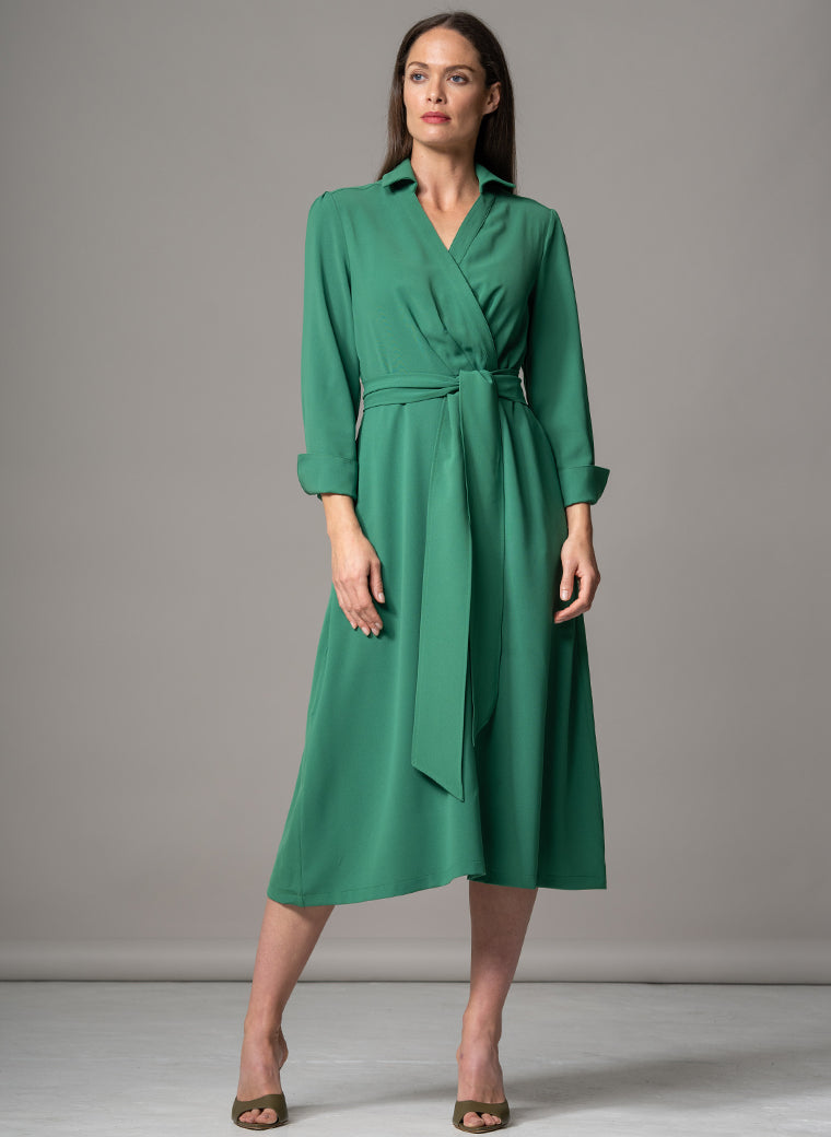 LUCIANA EMERALD CROSS FRONT FIT & FLARE CREPE CLASSIC MIDI SHIRT DRESS