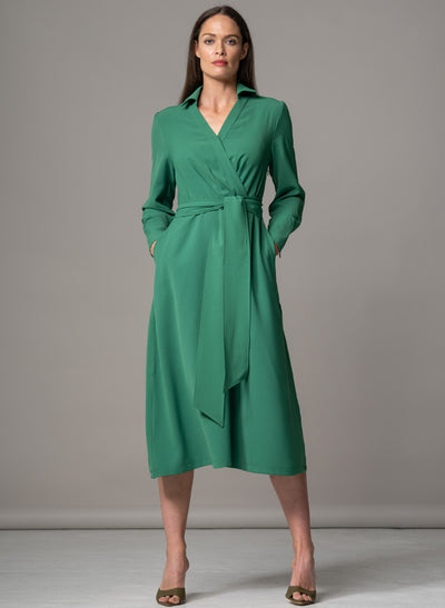 LUCIANA EMERALD CROSS FRONT FIT & FLARE CREPE CLASSIC MIDI SHIRT DRESS