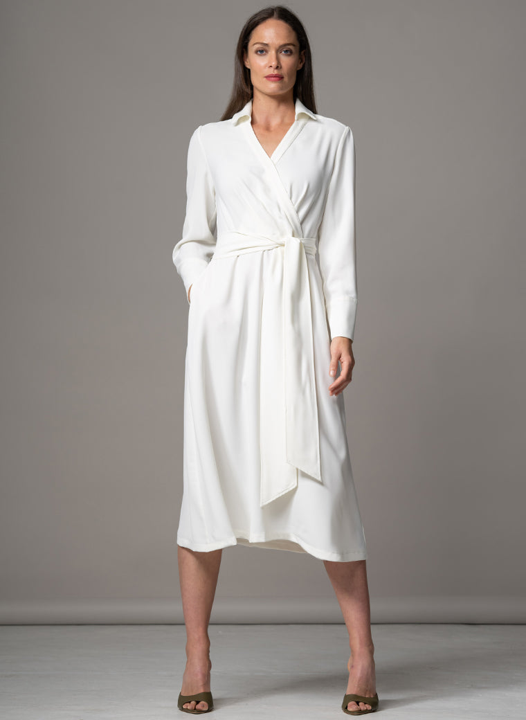 LUCIANA IVORY CROSS FRONT FIT & FLARE CREPE CLASSIC MIDI SHIRT DRESS