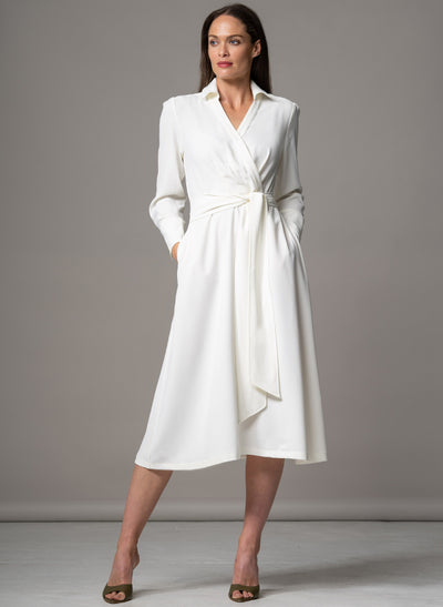 LUCIANA IVORY CROSS FRONT FIT & FLARE CREPE CLASSIC MIDI SHIRT DRESS