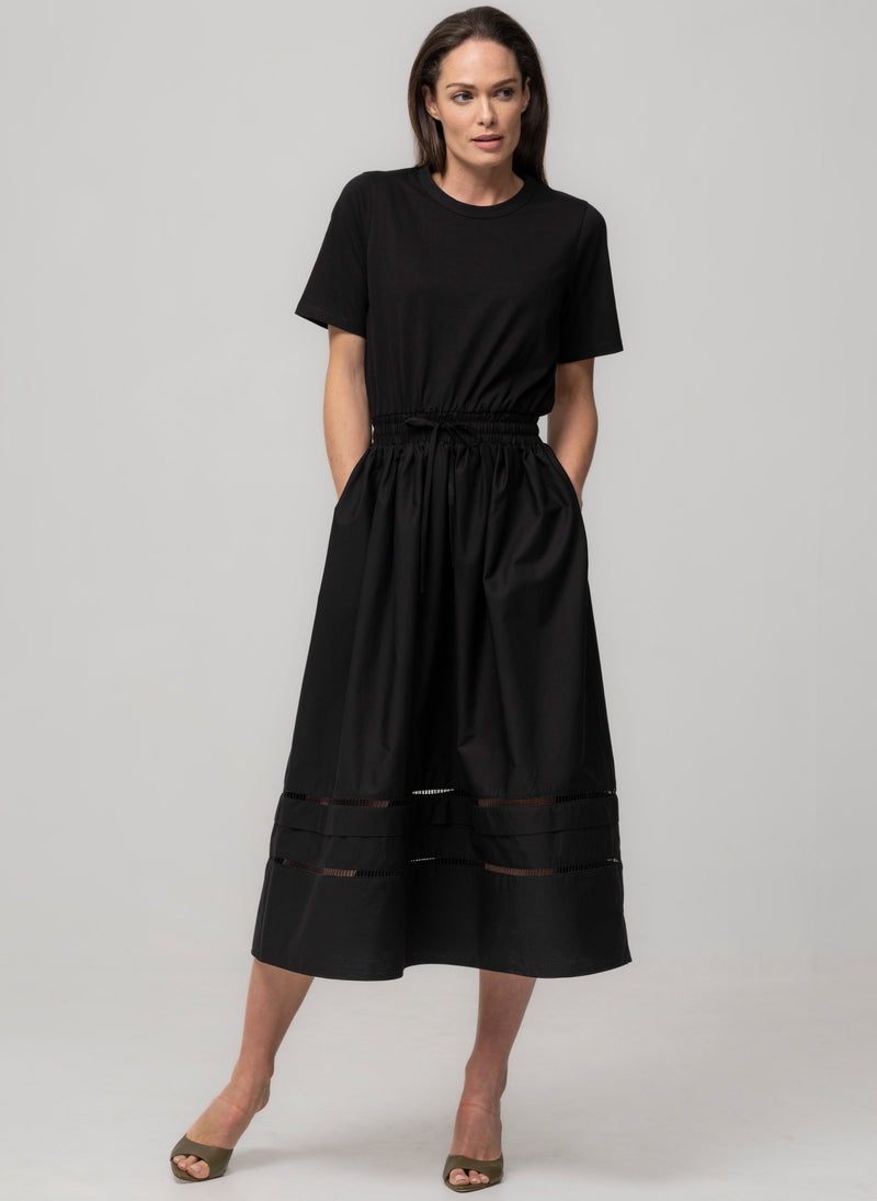 LULI BLACK T-SHIRT TOP WITH COTTON POPLIN SKIRT EVERYDAY MIDI DRESS